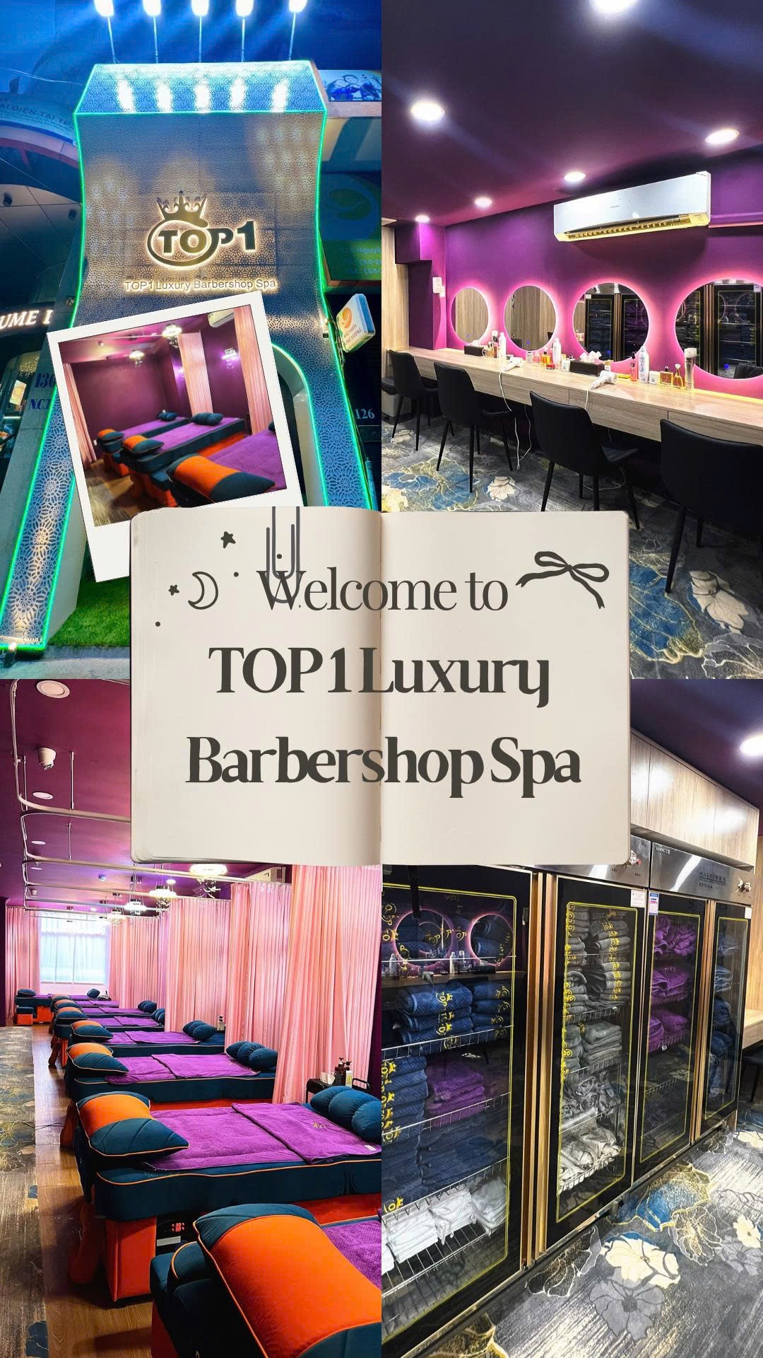 Không gian barbershop spa với giường gội tím, ghế ngồi và tủ khăn TOP1
